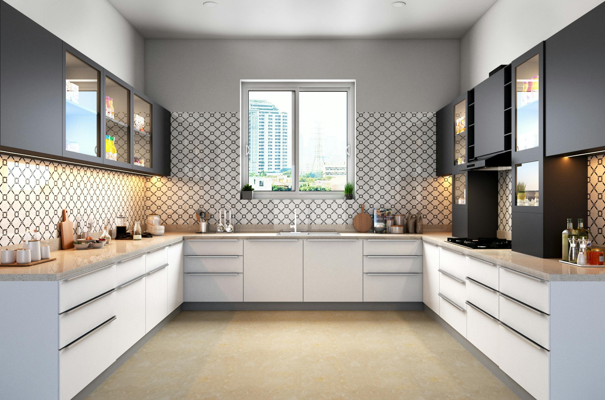 Symmetrical gray and white kitchen with patterned backsplash, upper glass cabinets, and under-cabinet lighting
