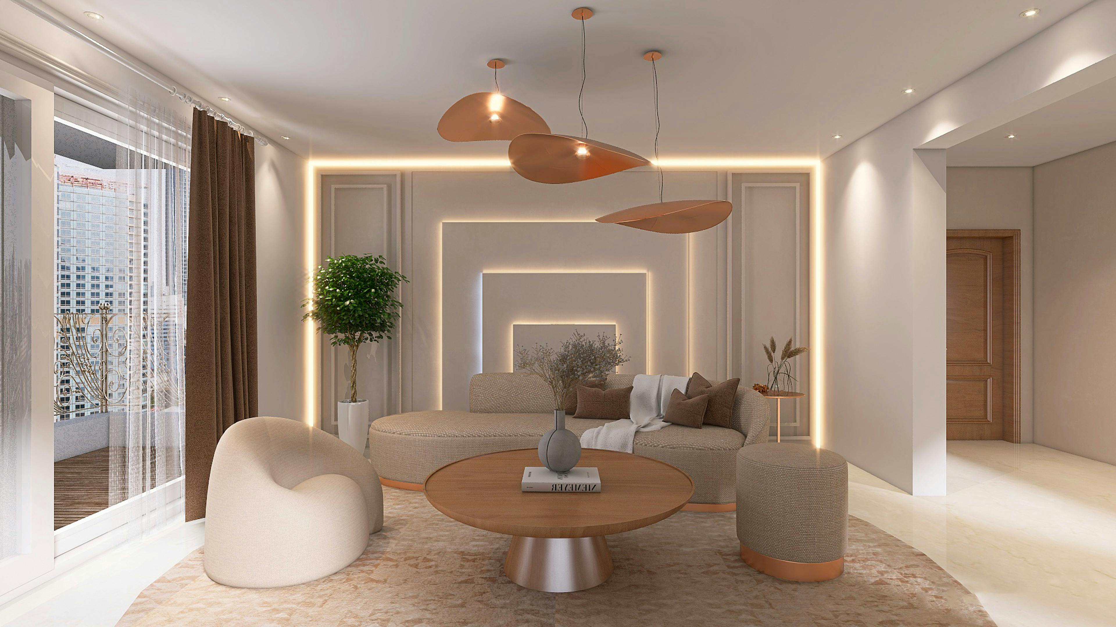 Warm beige living room with soft lighting