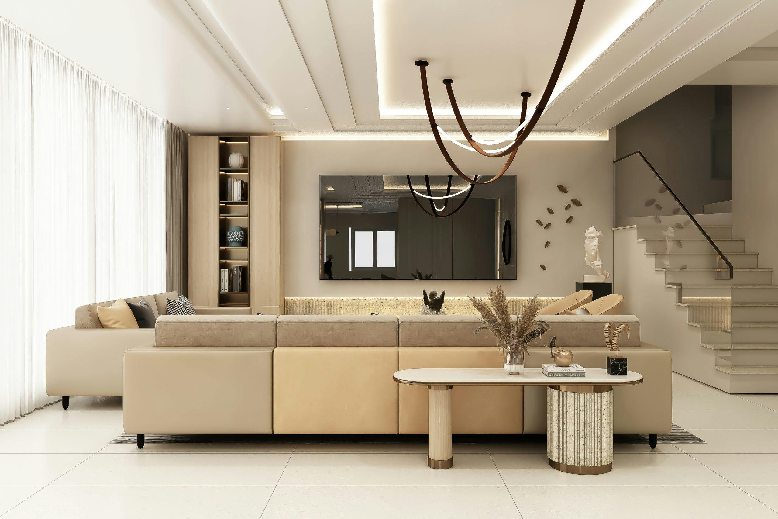 Open concept living room with layered lighting