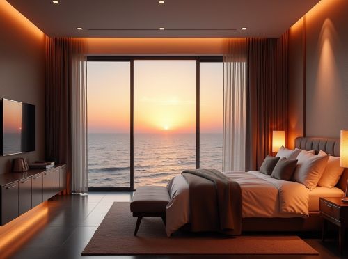 Cozy bedroom with warm lighting, blankets, and soft textures